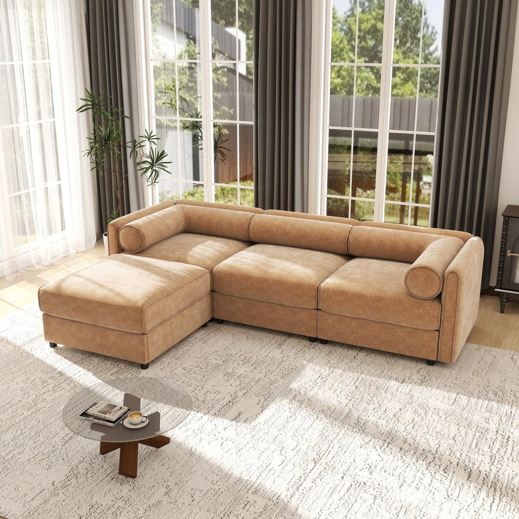 109'' Modular Sectional Sofa, Oversized 4 Seat L Shaped Couch with Storage Ottoman, Extra Deep Seat, Modern Comfy Convertible Chenille Sofa with Chaise, Lounge Couches for Living Room, Camel