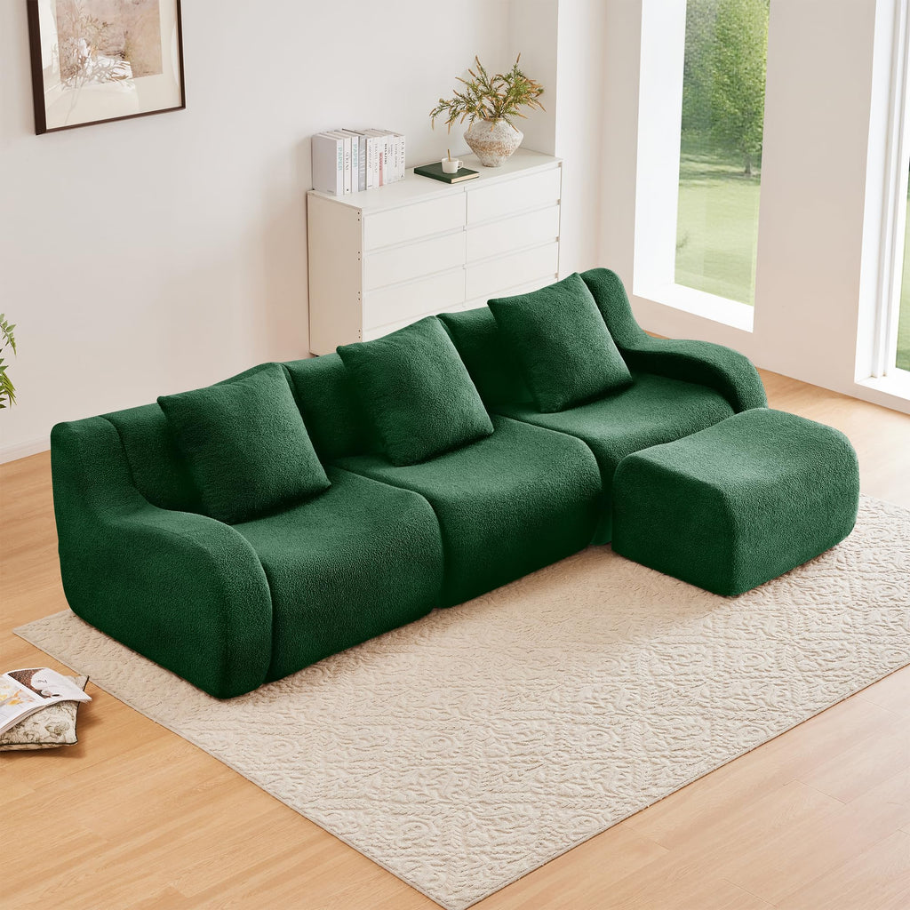 Tidyard Boneless 3-Seater Sofa with Chaise, High-Density 32D Sponge, Teddy Fleece Fabric, No Assembly Needed, Curved Armrest & Non-Slip Base, Green