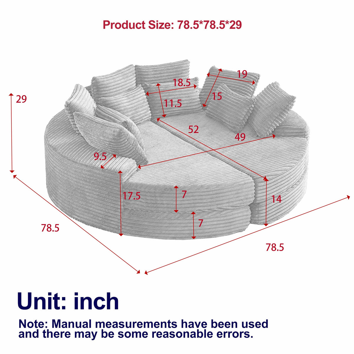 78.5" Beige Round Sofa Bed, Oversized Corduroy Boneless Couch, 2-in-1 Convertible Recliner Chair with Neck Pillow & 5 Throw Pillows, No Assembly, Living Room Lounge Furniture