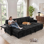 108”Pull Out Sofa Bed, U Shaped Sleeper Sofa for Living Room, Black