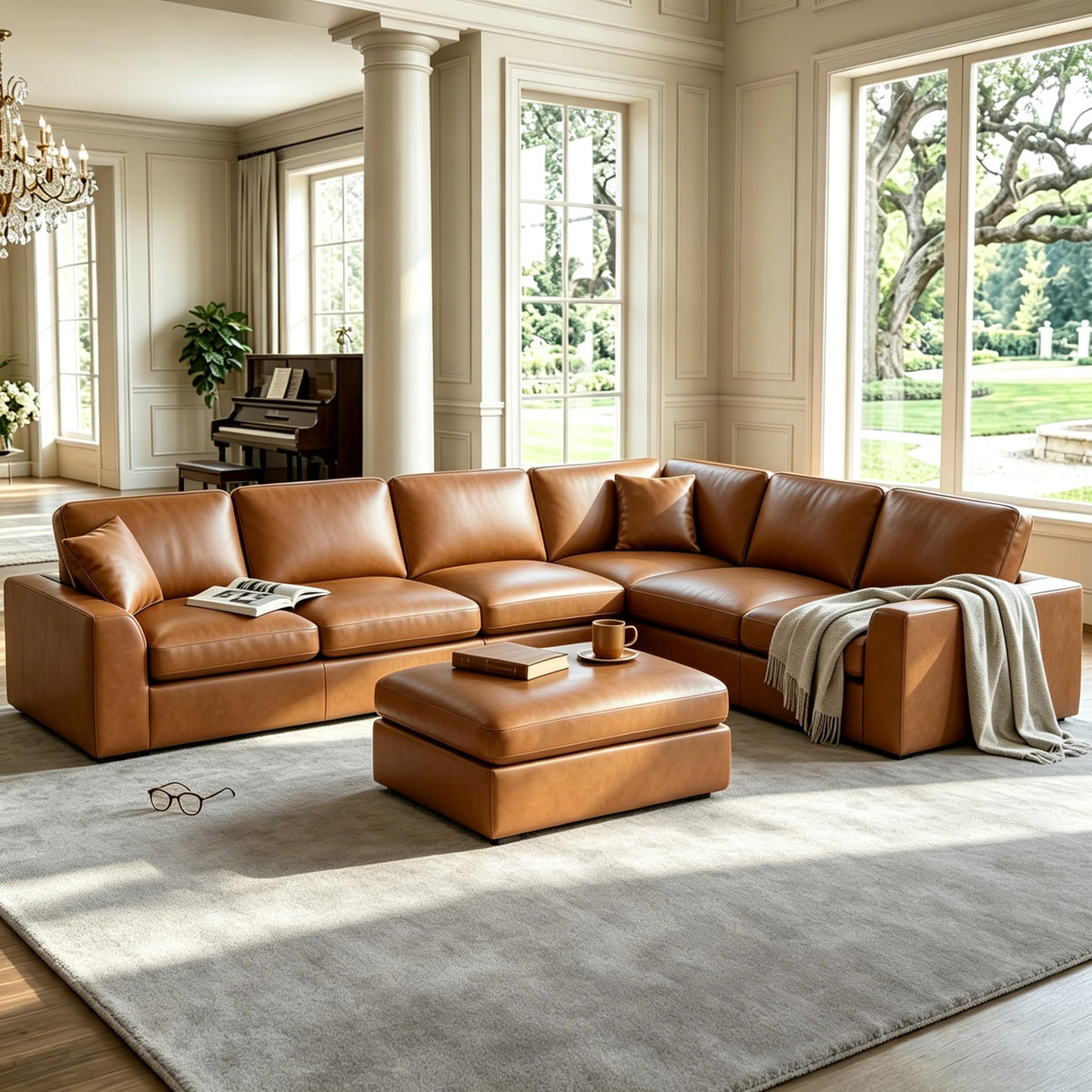 129.3" Oversized Modular Sectional Couch, Cloud U Shaped Couch with Movable Ottoman, Comfy Large 7 Seat Corner Couches for Living Room, Apartment, Beige