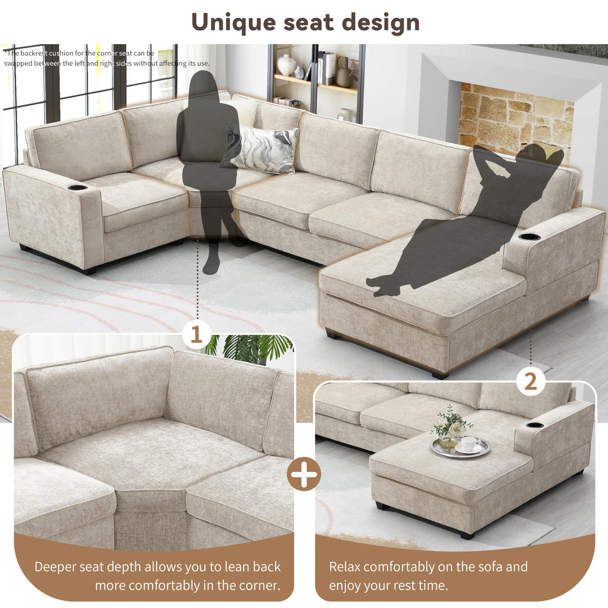 119*67" U Shaped Sectional Sofa,6 Seat Chenille Corner Couch Set with Oversized Chaise Lounge,Irregular Corner, Deep and Wide Seat Comfy Sofa with Cup Holders for Living Room,Apartment (Beige-V33)