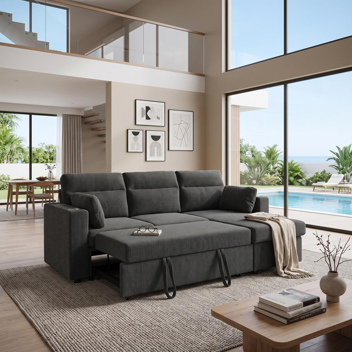 U-Shaped Sofa, Dual Chaise Sectional, 104 Inch, Camel