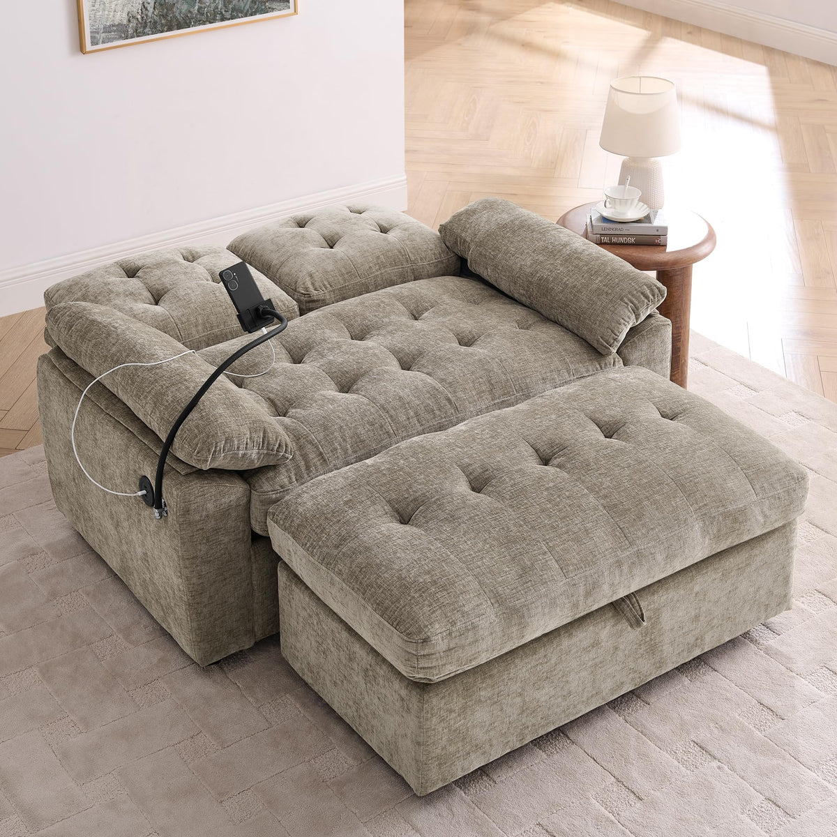 Tufted Recliner Loveseat Sofa with Storage Ottoman Sets for Living Room