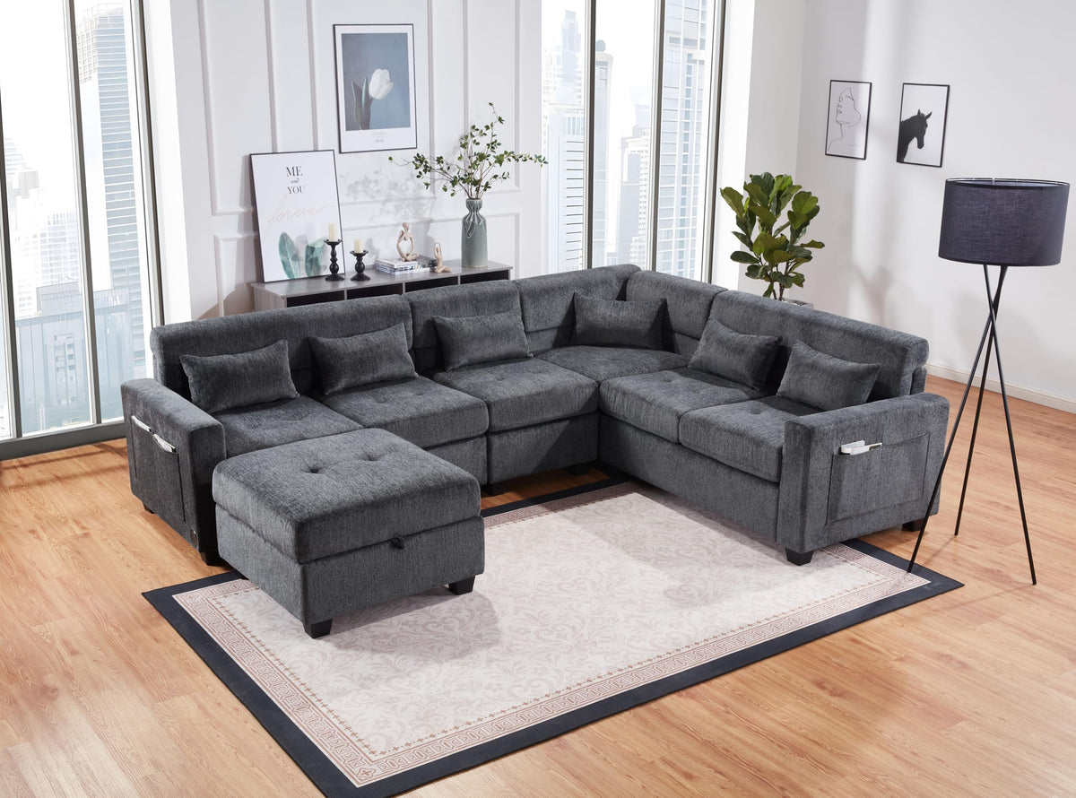 Trey Gray Chenille Sectional Sofa with Adjustable Backrest, USB Charging Ports, Storage Ottoman, and Throw Pillows for Modern Living Room