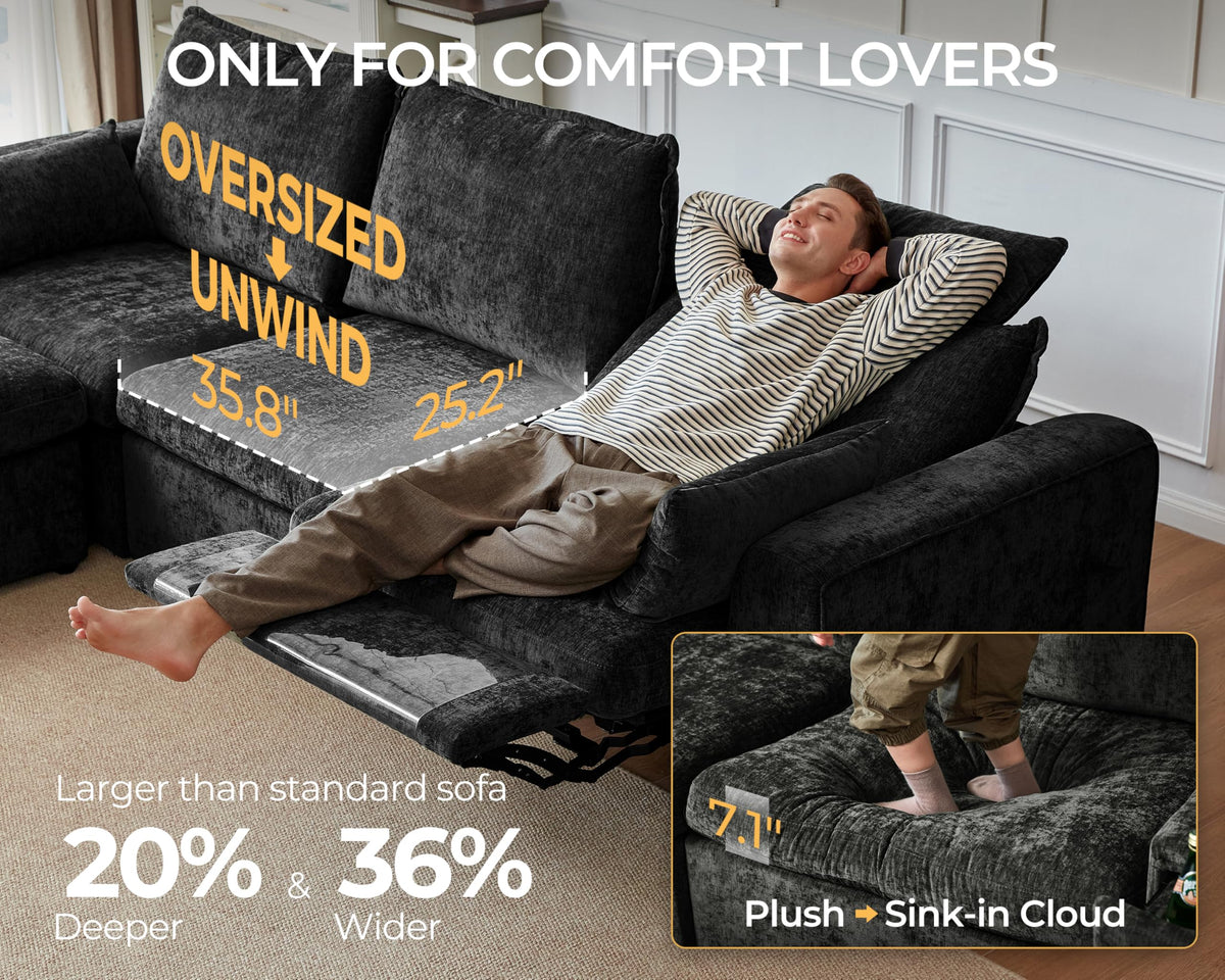 125" Modular Power Reclining Sectional 3 Seater Sofa with Ottoman, Chenille