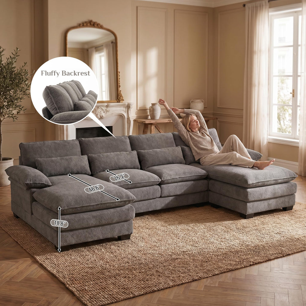 113" Cloud Couch Sectional Modular Sofa U Shaped Sectional Couches for Living Room Comfy Chenille 5 Seat Cloud Sofa Set with 4 Pillows, Chaise Lounge, Movable Ottoman, Stone Grey