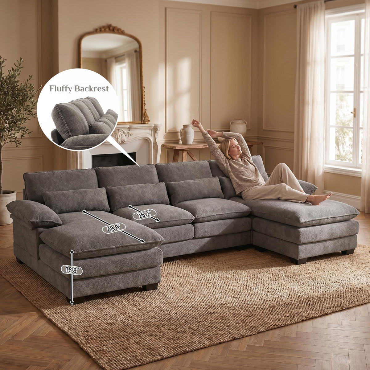 113" Cloud Couch Sectional Modular Sofa U Shaped Sectional Couches for Living Room Comfy Chenille 5 Seat Cloud Sofa Set with 4 Pillows, Chaise Lounge, Movable Ottoman, Stone Grey