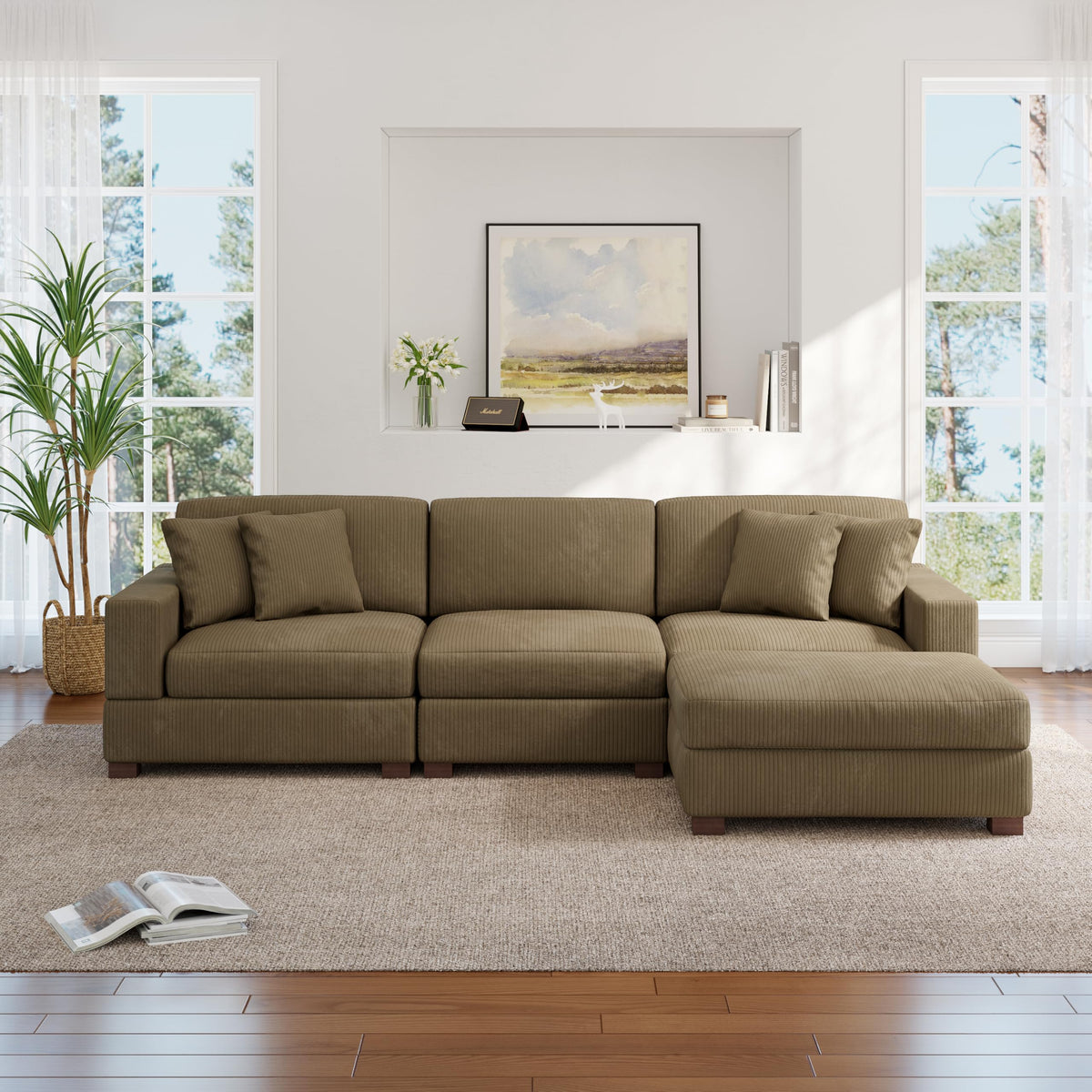 118.3" L-Shaped Modular Sectional Sofa with Chaise, Comfy Corduroy Fluffy Couch with Deep Seat, Flexible Module Combination for Living Room, Cotton Flannel Light Brown