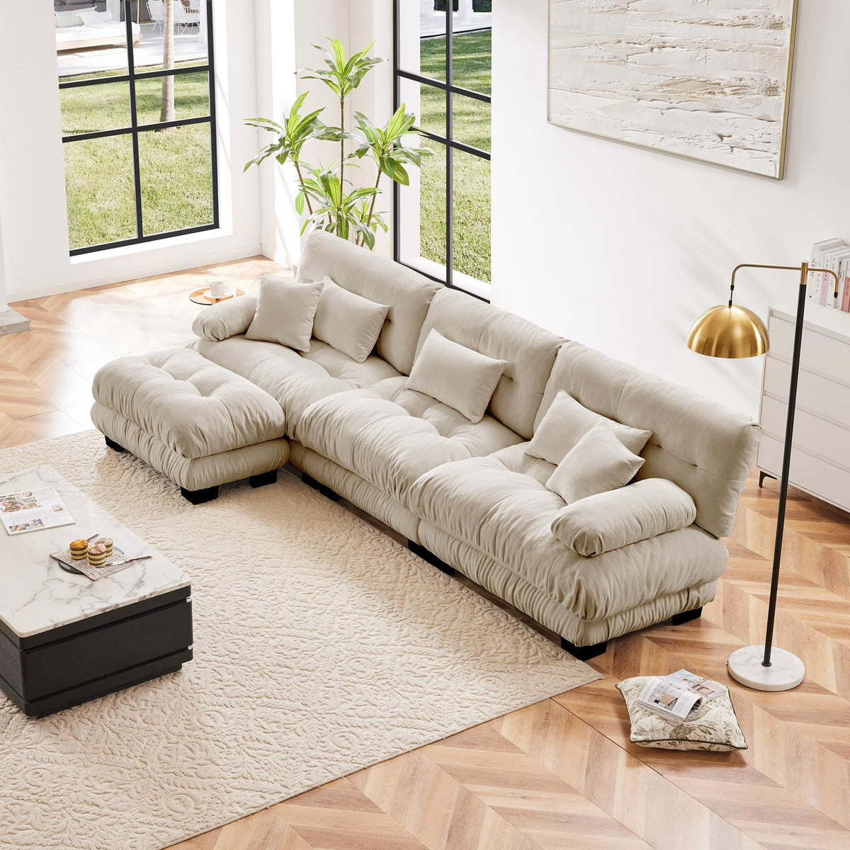 130" Modular Sectional Sofa,Velvet Upholstered Couches for Living Room,3 Seater Green Sofa Couch with Movable Ottoman,Big Comfy Loveseat Sofa with Deep Seats for Living Room,Apartment,Bedroom