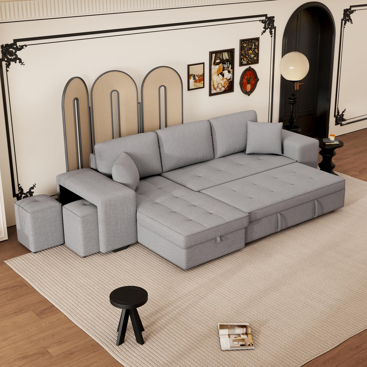Tidyard 104.? Pull Out Sleeper Sofa, Reversible L-Shaped 3-Seat Sectional Couch with Storage Chaise & 2 Stools, Gray Living Room Furniture Set