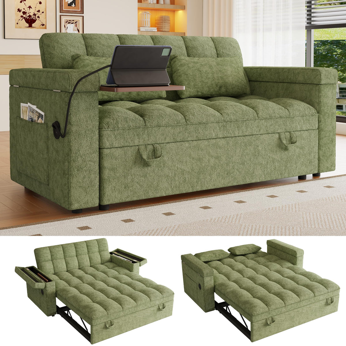 108”Pull Out Sofa Bed, U Shaped Sleeper Sofa for Living Room, Black