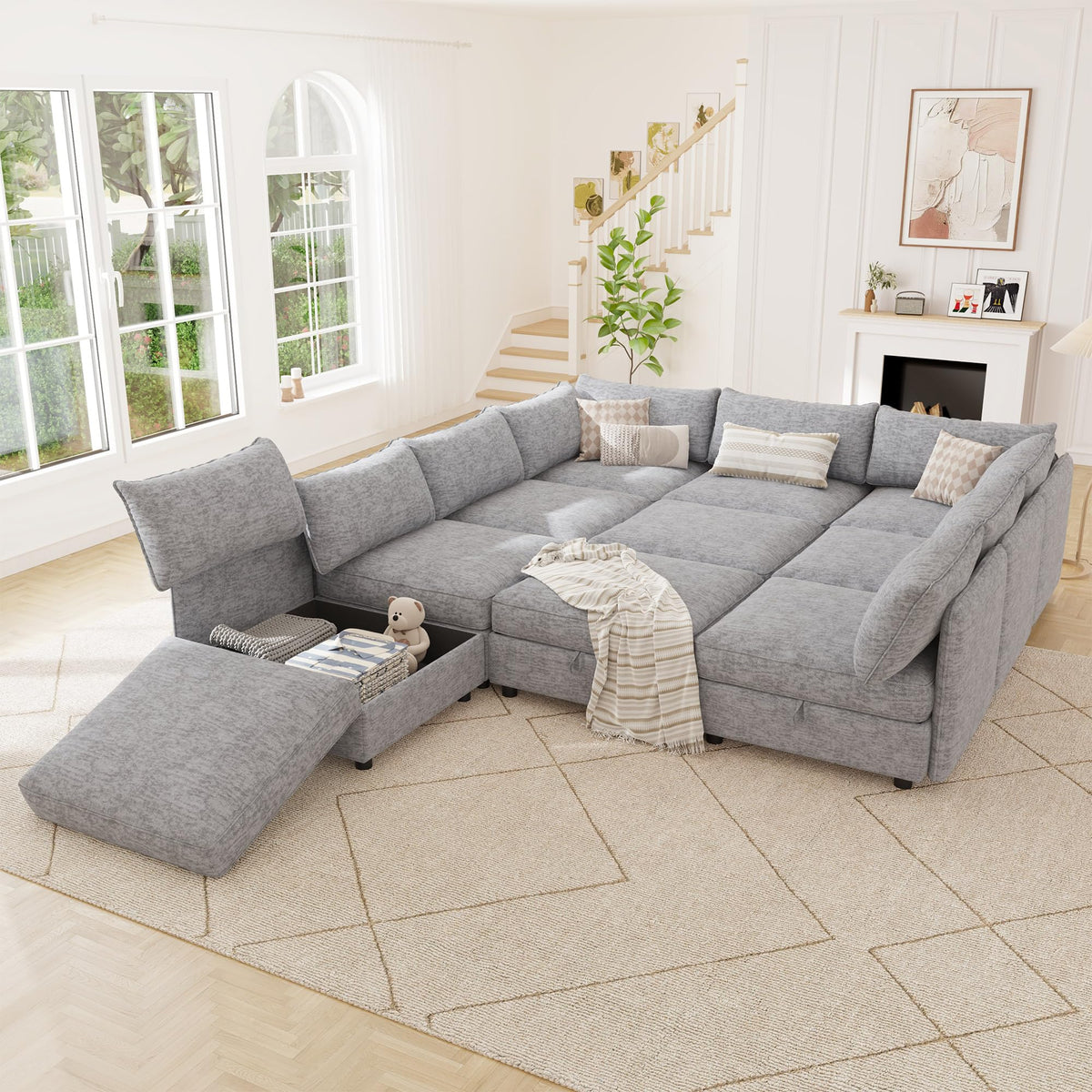 125" Chenille Modular Sectional Sofa Bed Hidden Storage, Convertible L U Shaped Sleeper Couch, 8 Seat Modern Modular Sectional Sofa with Removable Covers & Ottoman Chaise, for Living Room, Beige