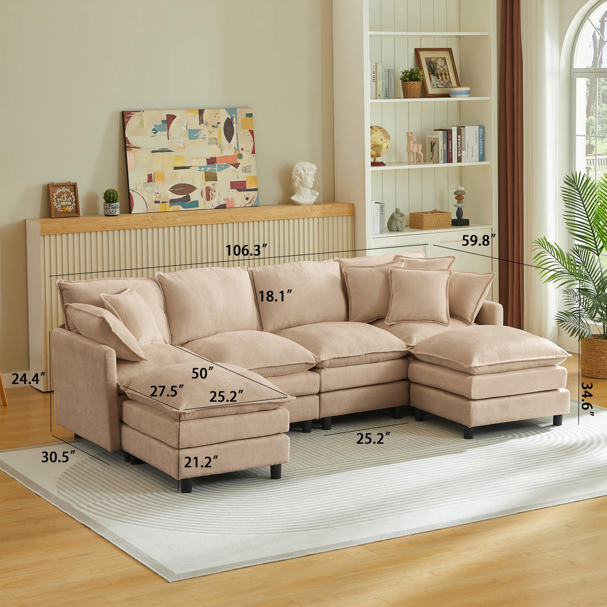 106" U-Shape Modular Sofa w/Ottoman, 4-Seater Chenille Cloud Couch, Coffee