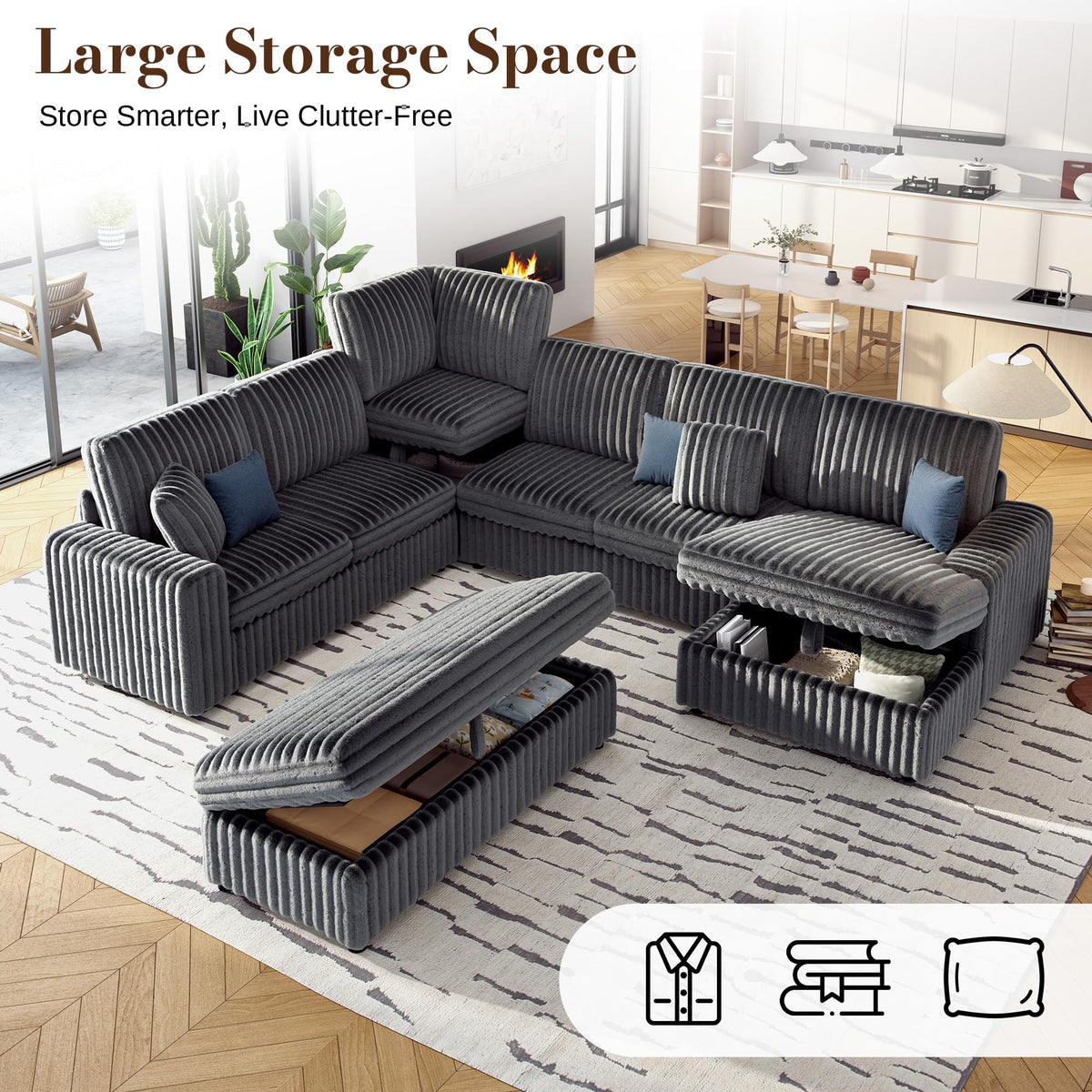 130" Sectional Couches for Living Room,Sectional Couch with Storage,Black
