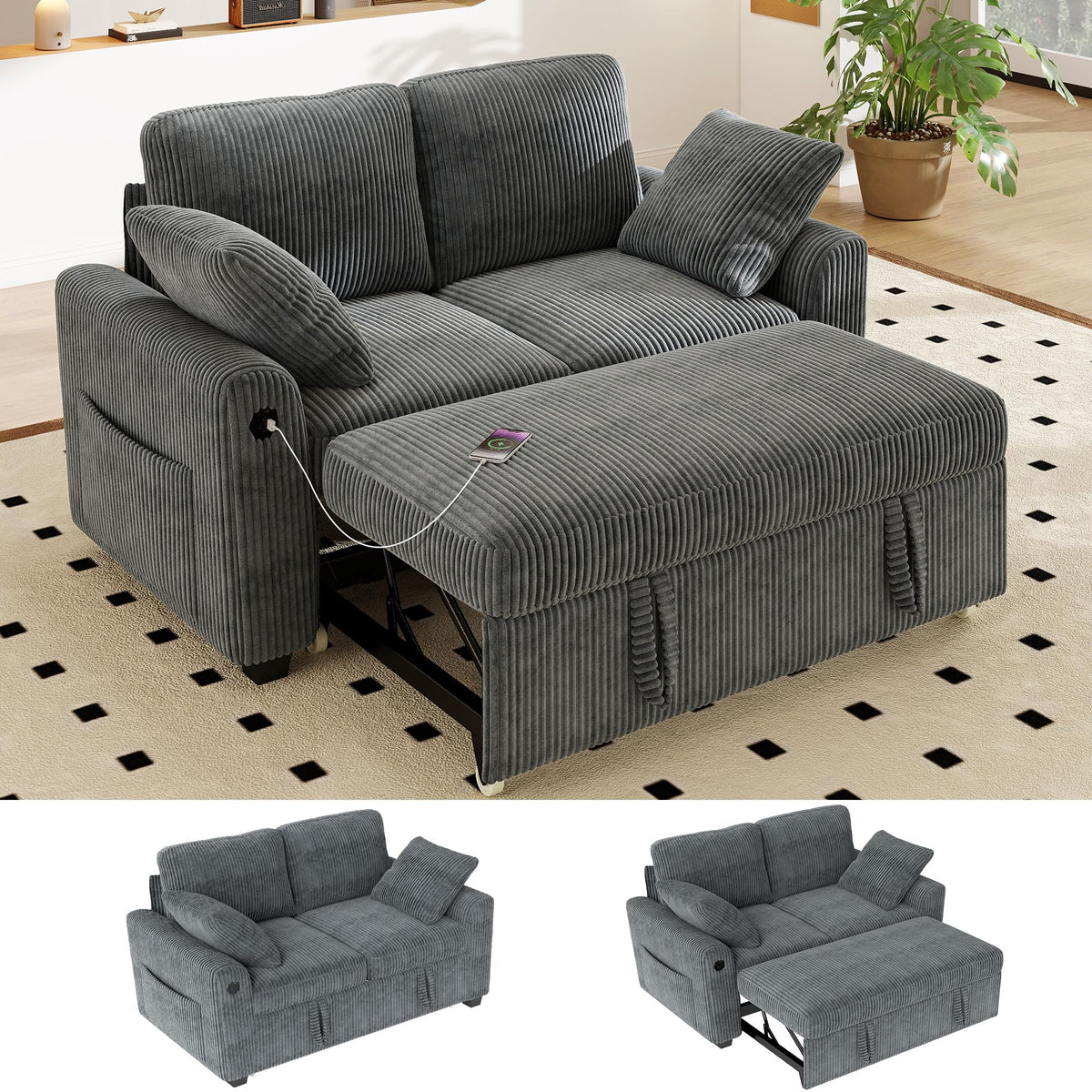 WorthFurni 104" Oversized 6 Seat L Shaped Sectional Sofa, Corduroy Convertible Couch with Pull Out Bed, Movable Storage Ottoman, USB Port, 2 Pillows & Storage Pocket for Living Room（Gray）