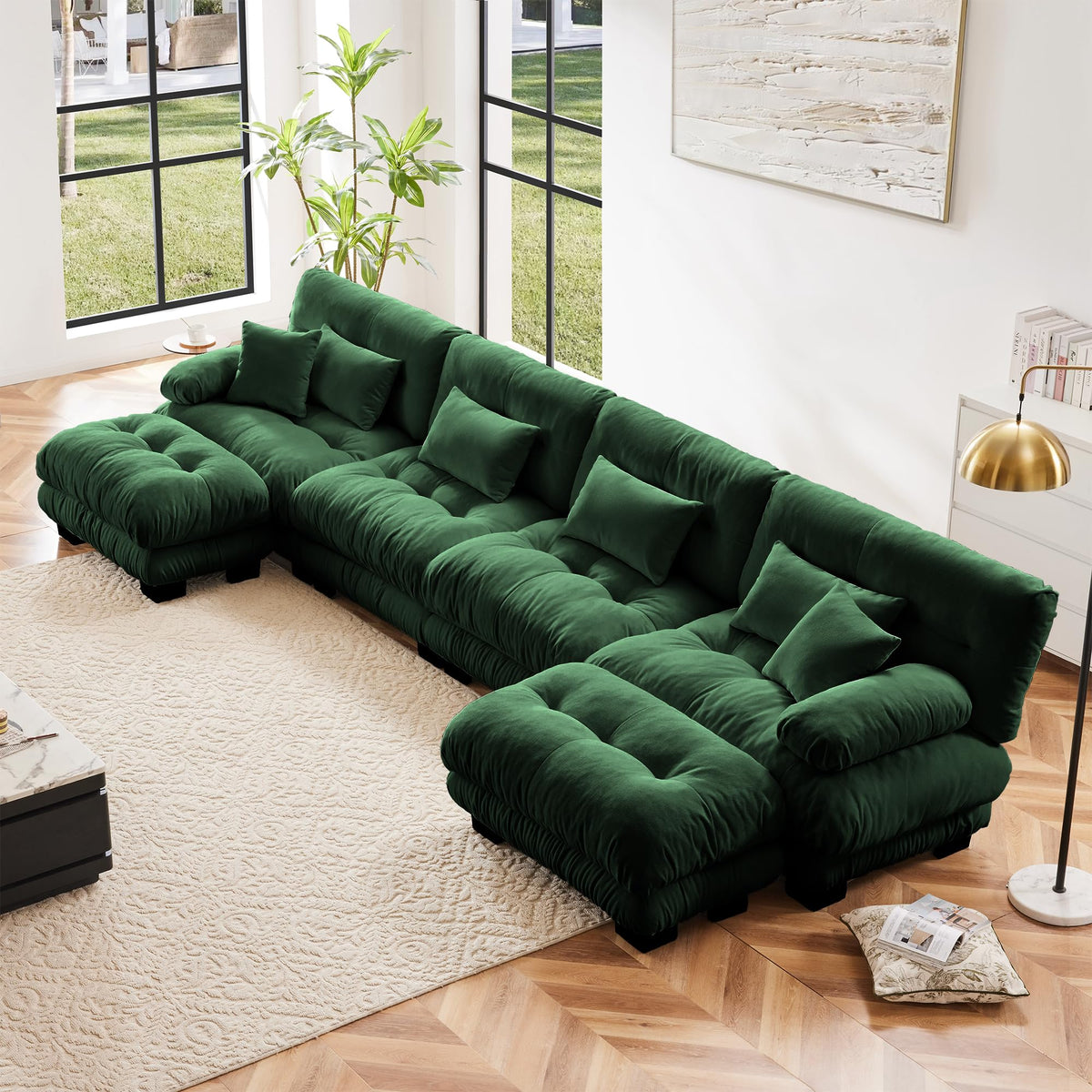 134" Oversized 3 Seater L Shaped Modular Sectional Sofa, Large Sectional Couches for Living Room, Chenille Cloud Couch with Pillows, Living Room Deep Seat Sofas with 3 Seats & 1 Ottoman, Pink