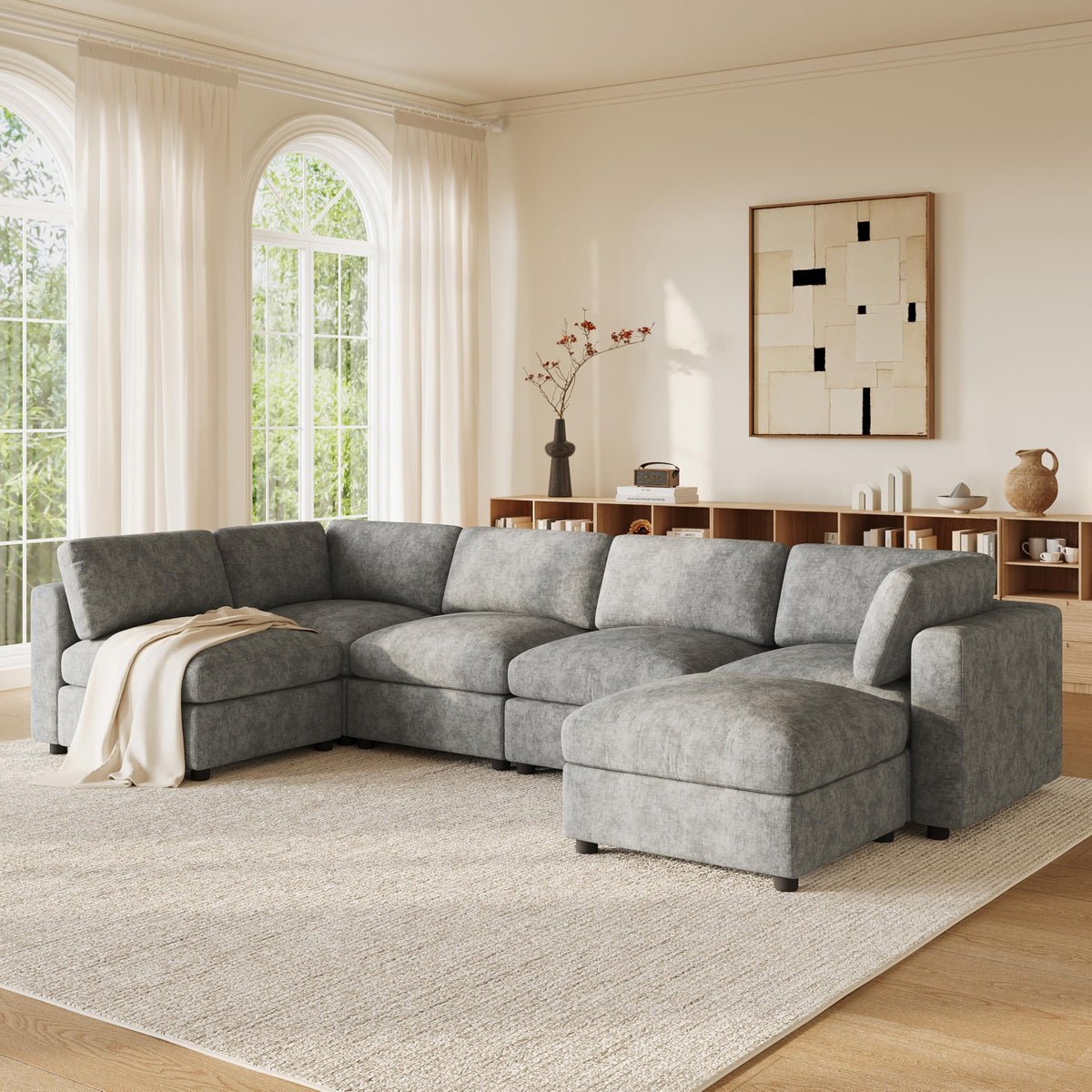 129" Modular Sectional Sofa, 6 Seat Cloud Sofa Bed with High Density Foam, U-Shaped Chenille Couch Set with Ottoman, Free Combination, Convertible Sleeper Sofa for Living Room, Apartment, Blue