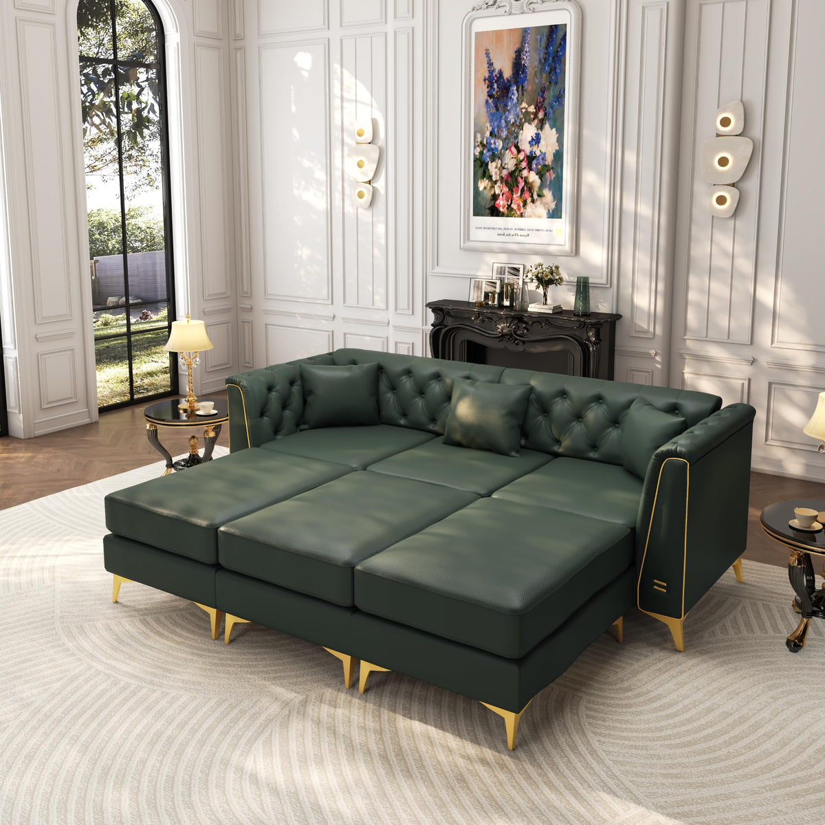Tmsan 81.5" Green Faux Leather Modular Sleeper Sectional Sofa Couch Bed