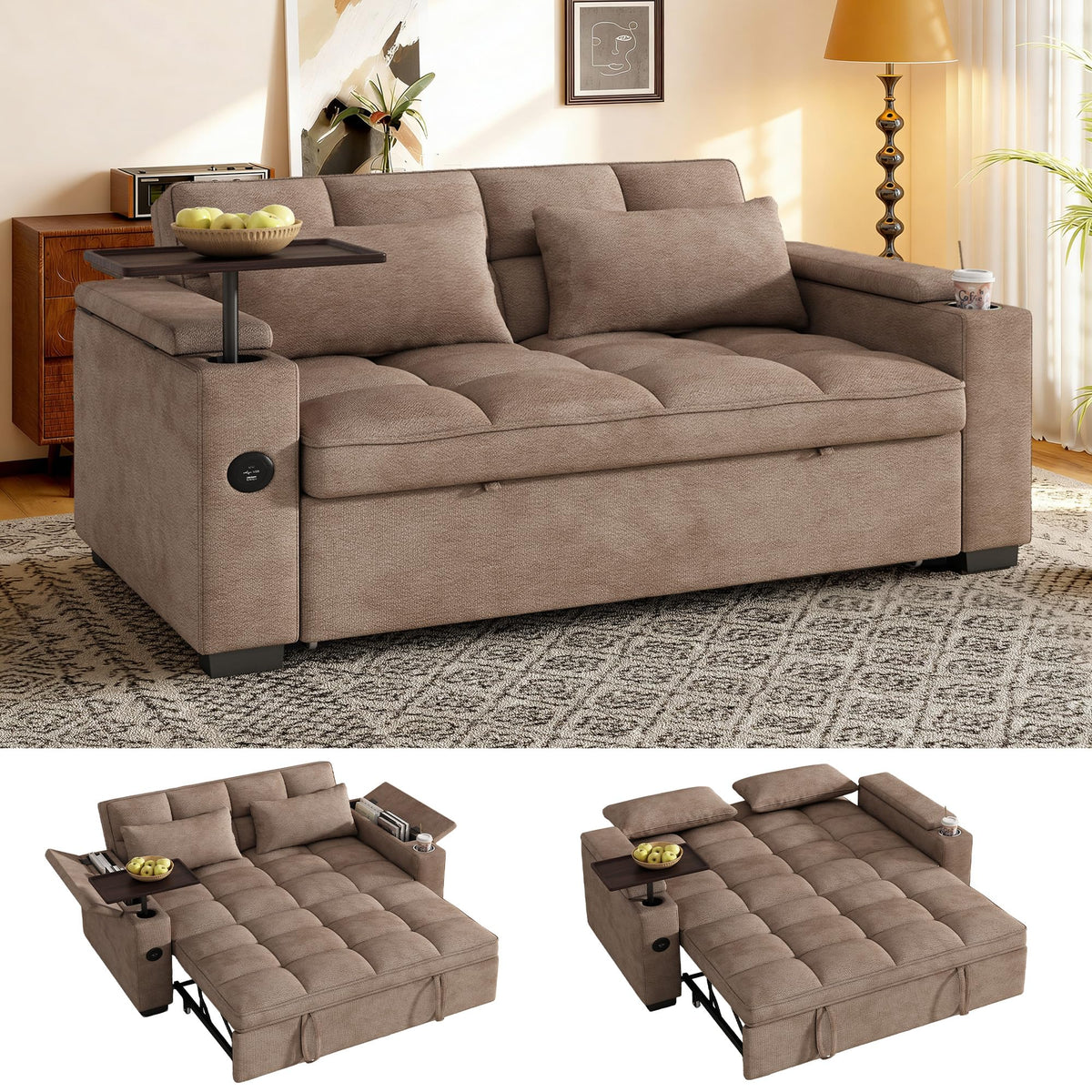 108”Pull Out Sofa Bed, U Shaped Sleeper Sofa for Living Room, Black