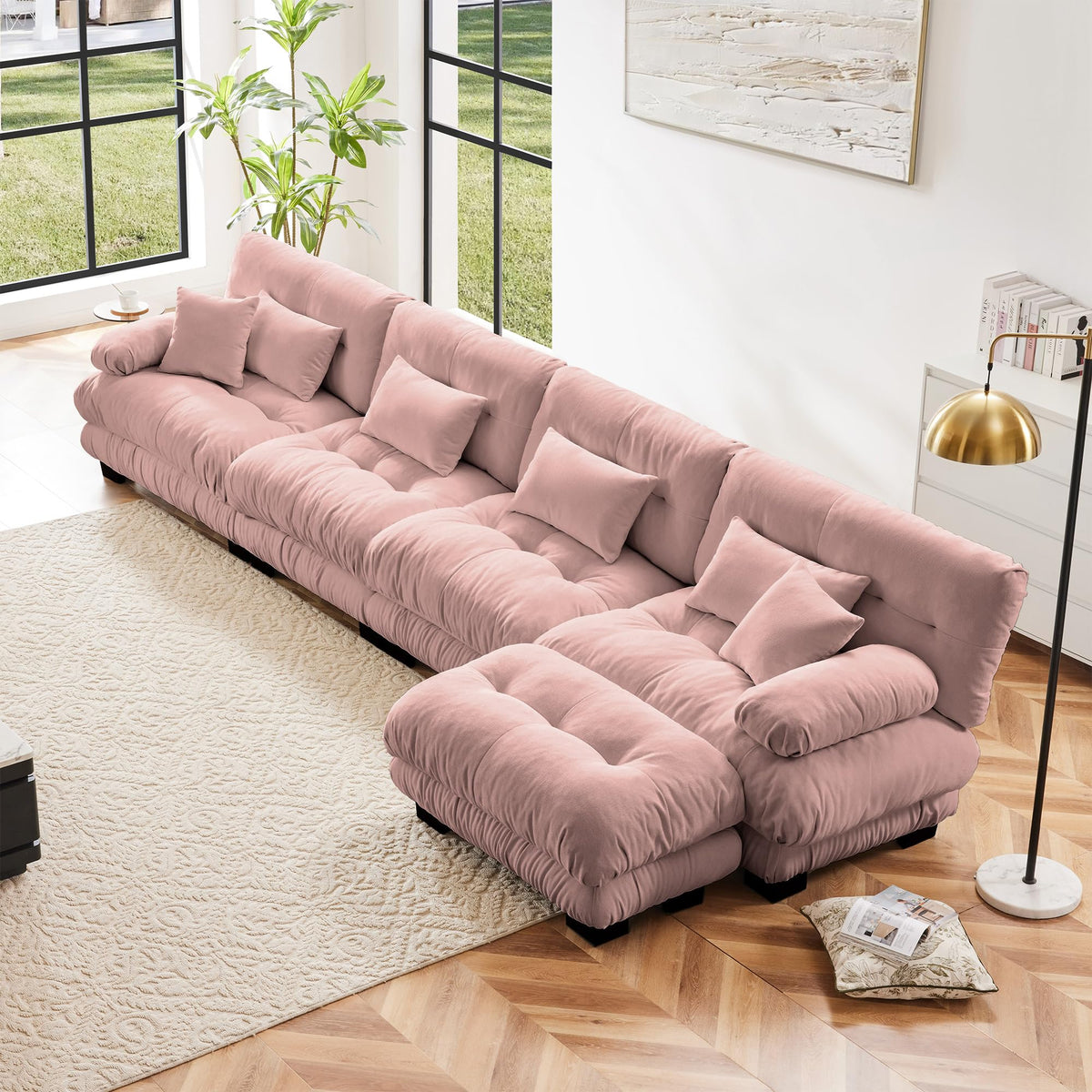 134" Oversized 3 Seater L Shaped Modular Sectional Sofa, Large Sectional Couches for Living Room, Chenille Cloud Couch with Pillows, Living Room Deep Seat Sofas with 3 Seats & 1 Ottoman, Pink