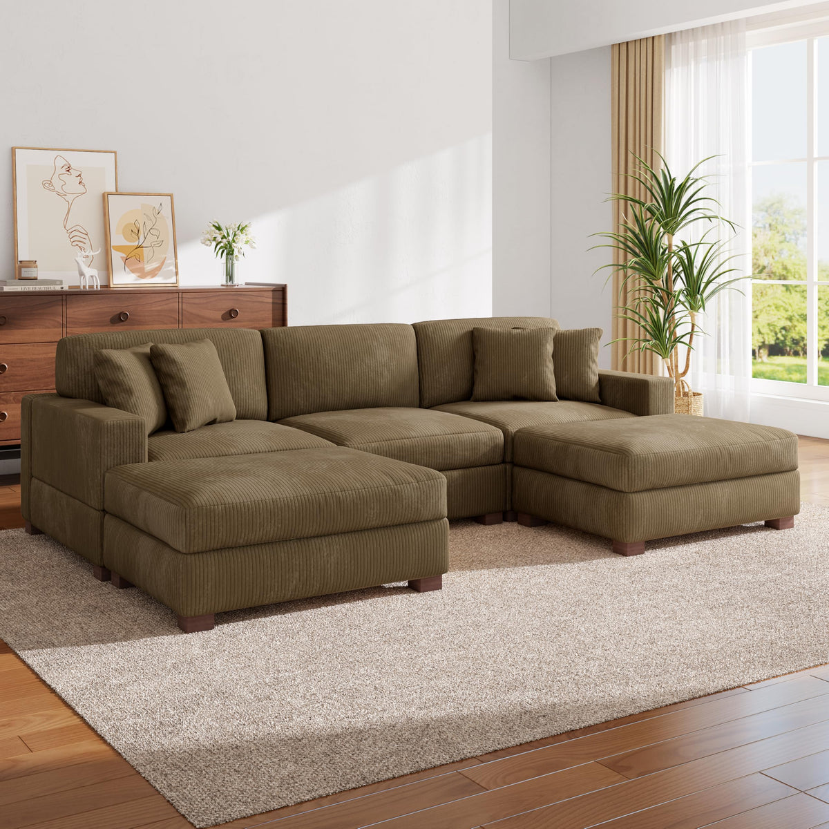 118.3" L-Shaped Modular Sectional Sofa with Chaise, Comfy Corduroy Fluffy Couch with Deep Seat, Flexible Module Combination for Living Room, Cotton Flannel Light Brown