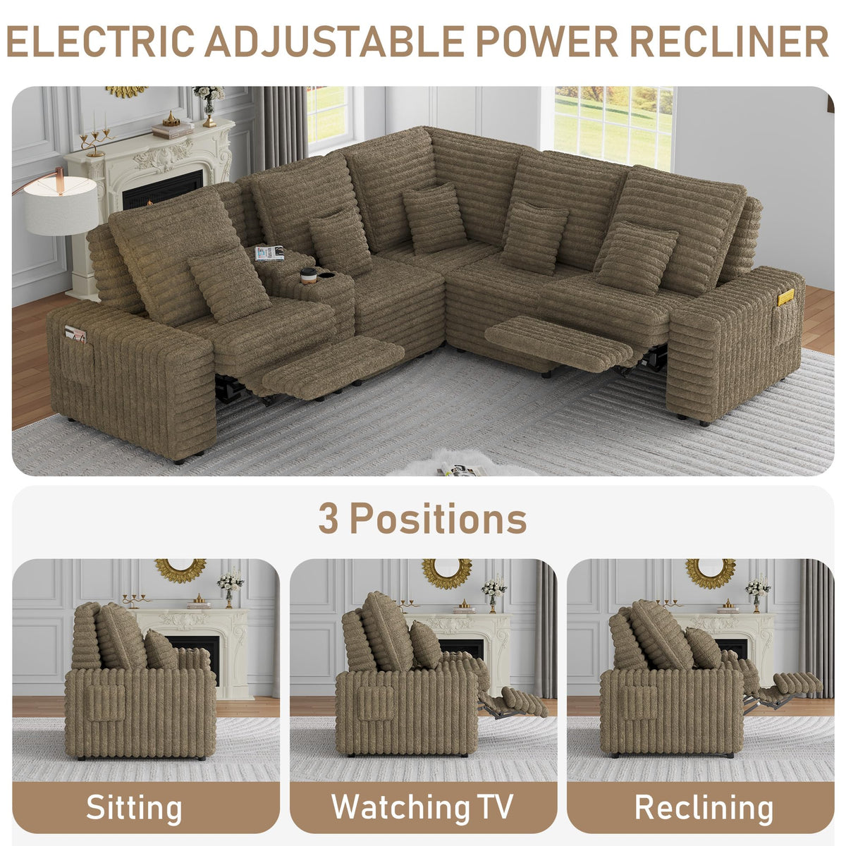 Wrofly 5-Seat L-Shaped Power Reclining Sectional with Console, Camel