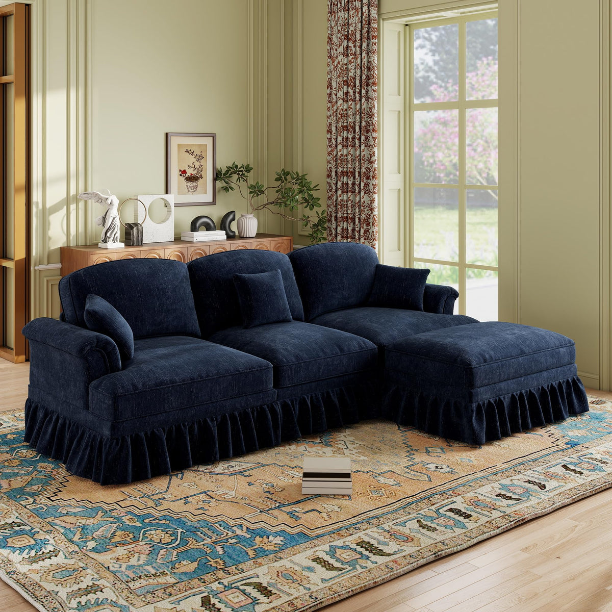 107'' Modern Sectional Sofa, Upholstered U-Shaped Couch with Removable Ruffles Pleats Skirts, Silver Chenille Cloud Couch, Ottoman, Flared Arms, 4-Seat Couches for Living Room, Bedroom, Camel