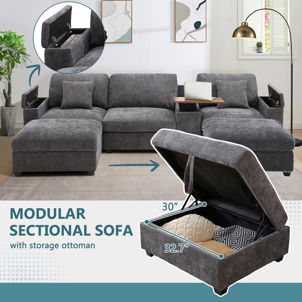 120.3" L-Shaped Sectional Sofa with Storage Ottoman, Oversized Comfy Couch with USB Port, Side Storage, Cup Holder & 360°Swivel Drop-Down Table, Sectional Couches for Living Room (Gray, 120.3")