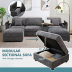 120.3" L-Shaped Sectional Sofa with Storage Ottoman, Oversized Comfy Couch with USB Port, Side Storage, Cup Holder & 360°Swivel Drop-Down Table, Sectional Couches for Living Room (Gray, 120.3")