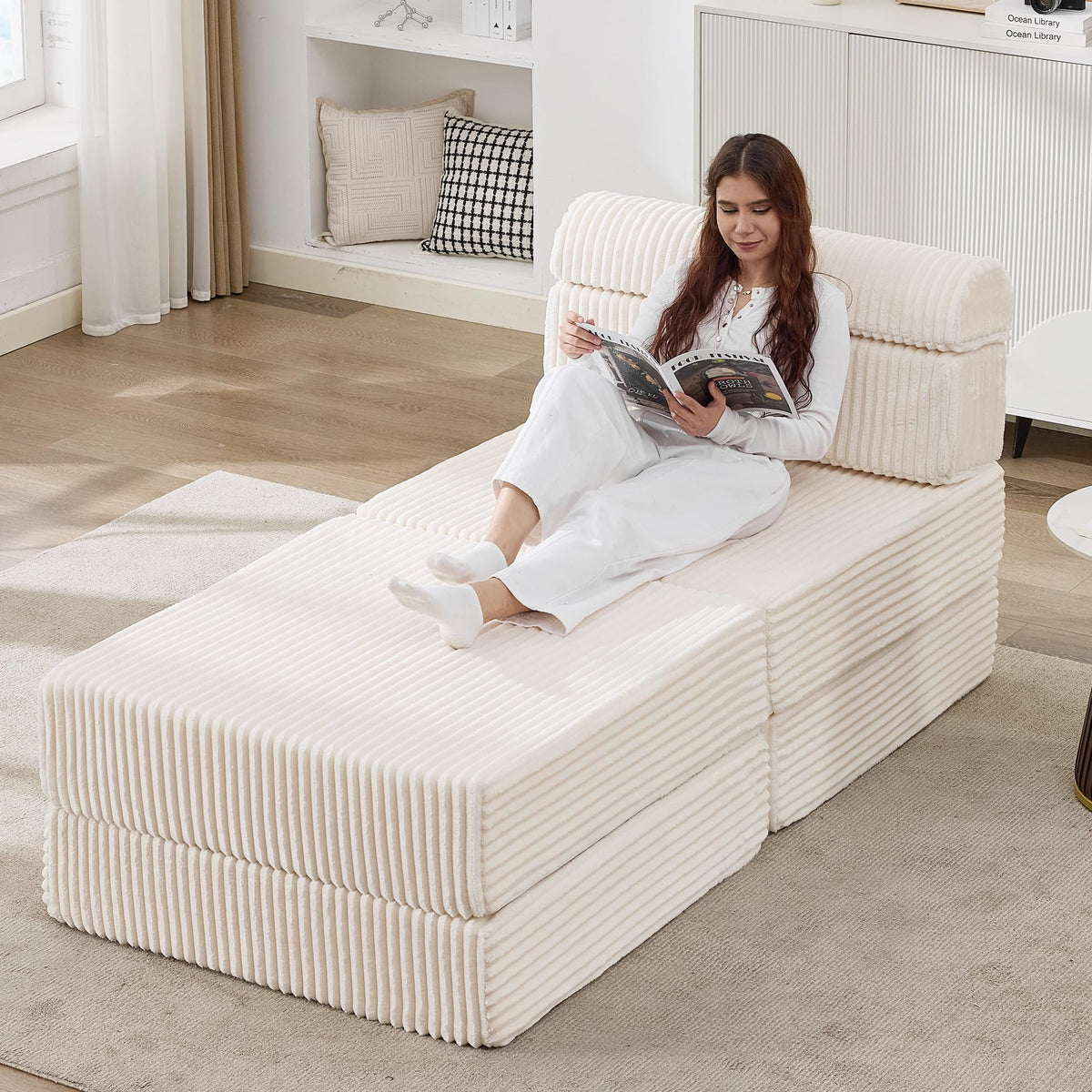 Tbfit 142” Modular L Shaped Sectional Boneless Couch, Convertible Futon Sofa Bed, Corduroy Cloud Mattress Sleeper Sofa, Comfy Folding Upholstered Floor Couches for Living Room, Bedroom, Beige