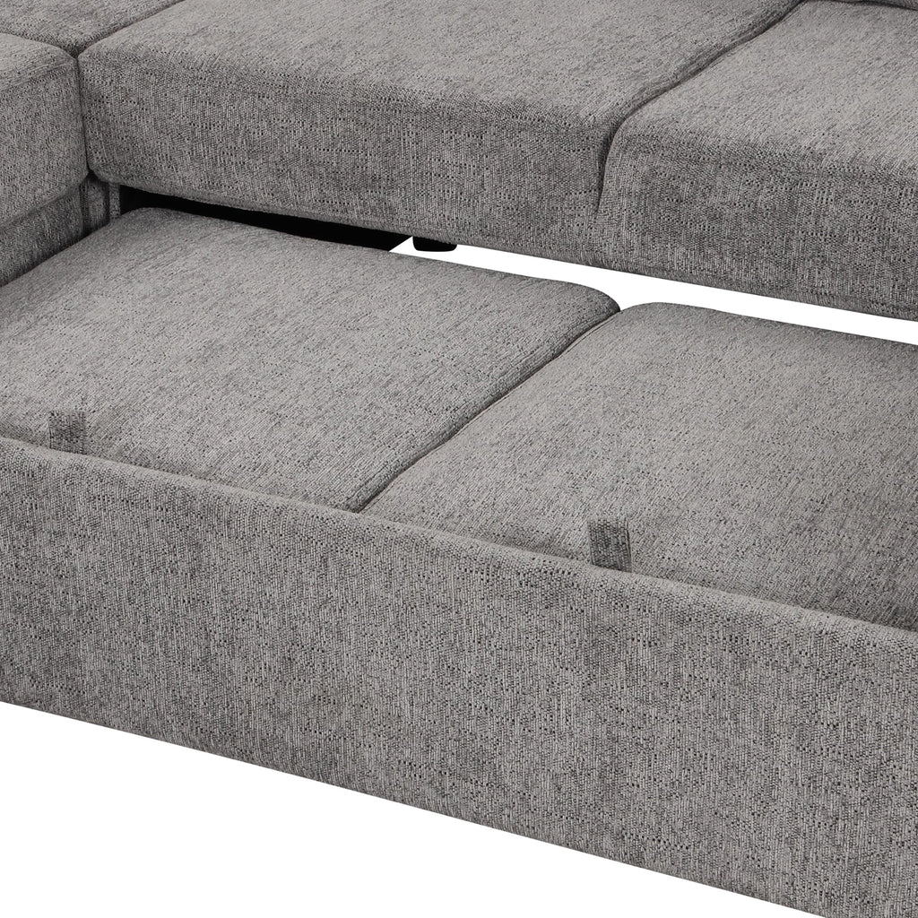U-Shaped Sectional Sofa Bed with USB Ports, Power Sockets, Storage Chaise, and Pillows for Modern Living Room, Light Gray