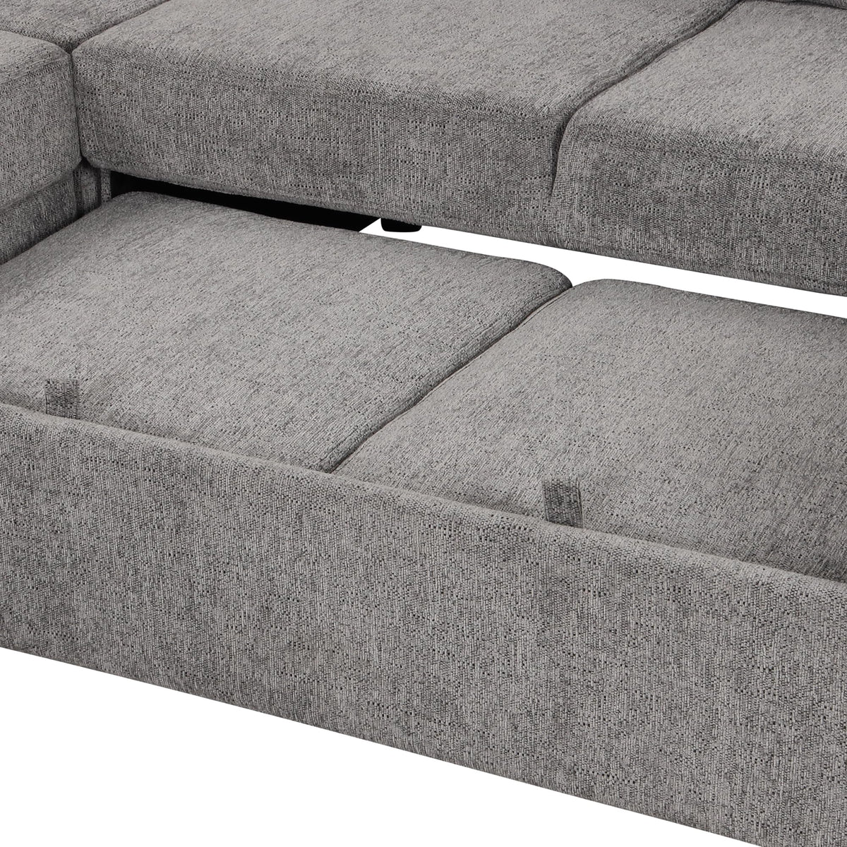 U-Shaped Sectional Sofa Bed with USB Ports, Power Sockets, Storage Chaise, and Pillows for Modern Living Room, Light Gray