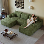 107" Plush Corduroy Deep Seat Chaise Lounge Indoo, Modern Boneless Compressed Floor Sectional Sofa with High-Resilience Foam, Free Combination Modular Cloud Sectional Sofa for Living Room, Green