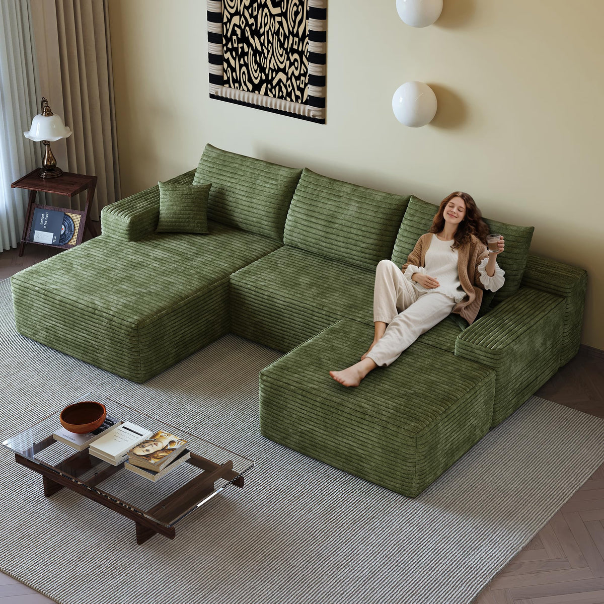 107" Plush Corduroy Deep Seat Chaise Lounge Indoo, Modern Boneless Compressed Floor Sectional Sofa with High-Resilience Foam, Free Combination Modular Cloud Sectional Sofa for Living Room, Green
