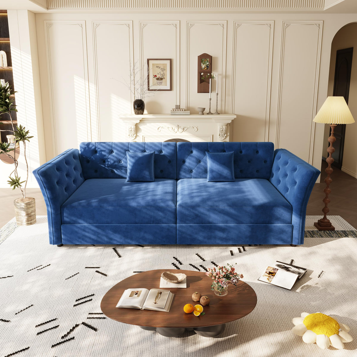 Velvet Pull Out Sofa Bed, Convertible Sleeper Sofa with Deep Seat, Handmade Tufted Back and 2 Pillows, Compact Couch Bed for Small Living Room, Apartment (Light Grey, 100")