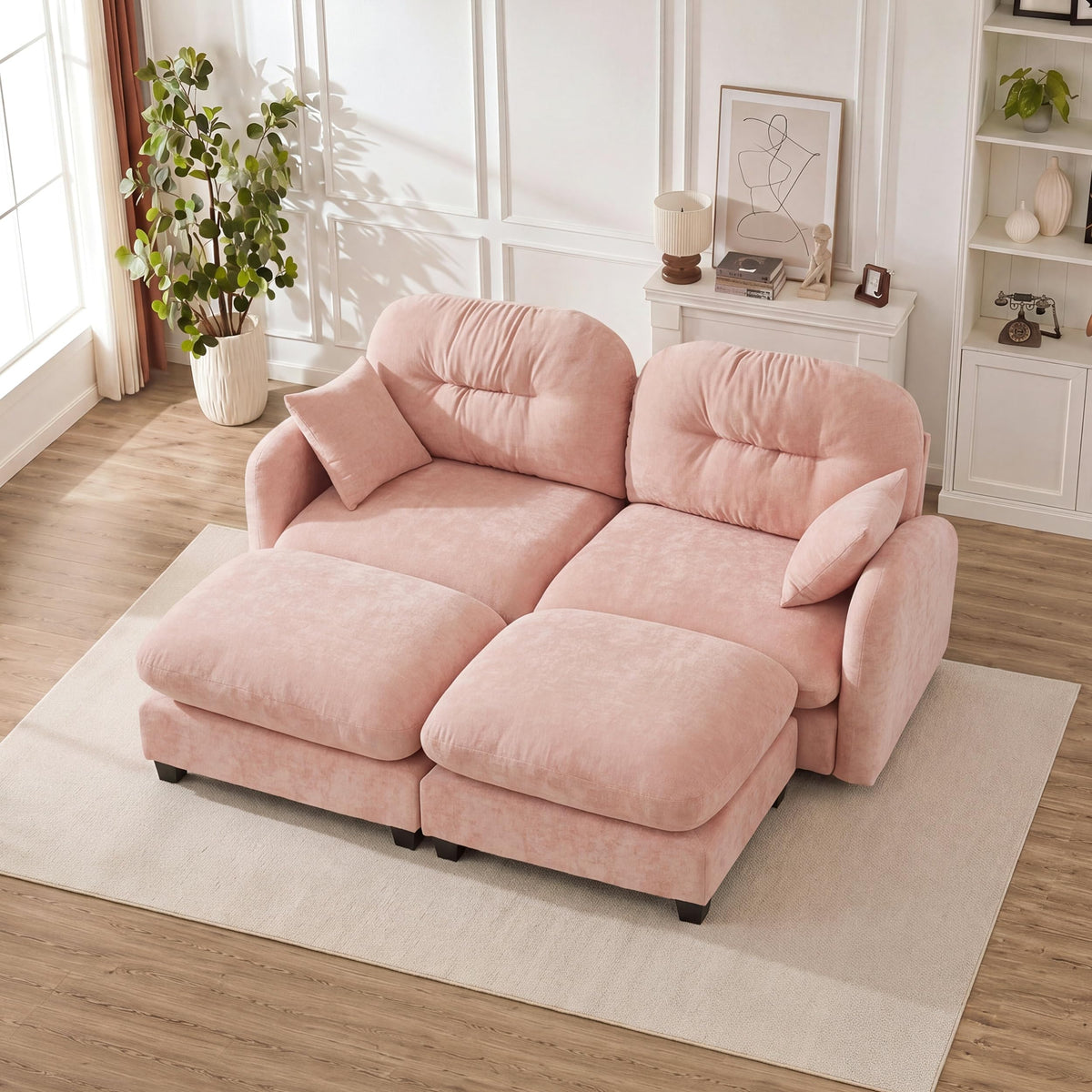 107" Modular Sectional Sofa with Ottoman Pink Chenille L Shaped Couch