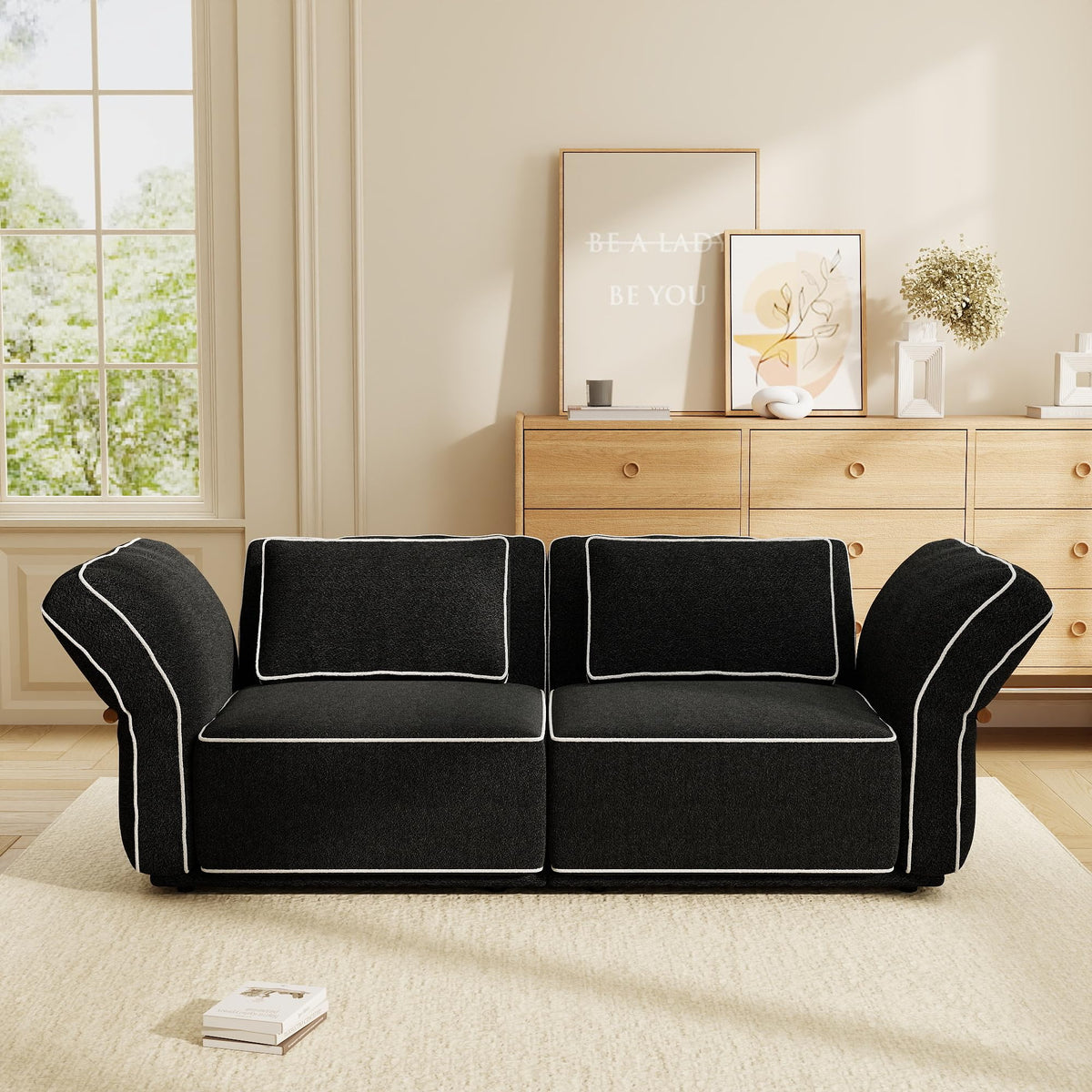 128.3" Modular Boucle Sofa with Ottoman, 3-Seat Sectional Couch, Beige