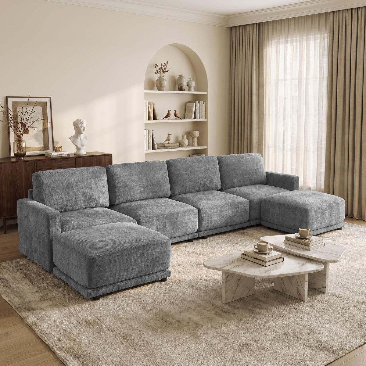 110.6" Modular Sectional Sofa with Ottoman, Upholstered L Shaped Sectional Couch with Thick Cushions, Oversized Chenille Comfy 4 Seater Sofas for Living Room, Easy Assembly, White