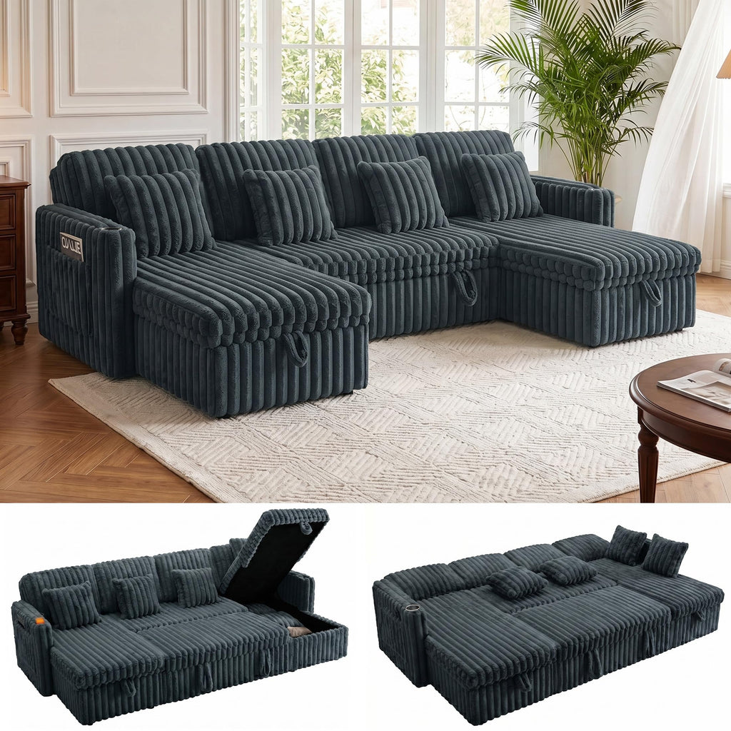108”Pull Out Sofa Bed, U Shaped Sleeper Sofa for Living Room, Black