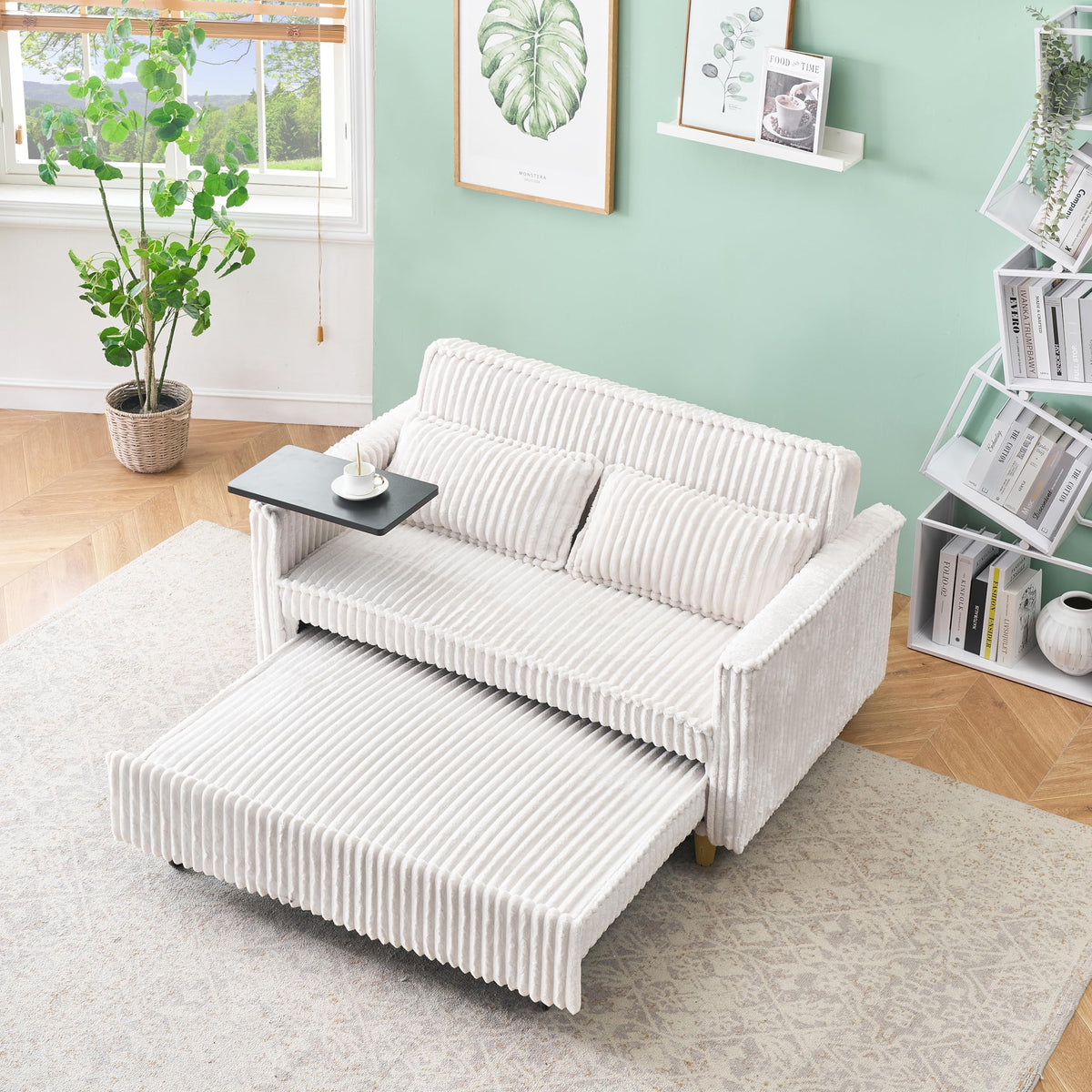 Tidyard Beige Corduroy Pull-Out Sofa with USB Ports & Movable Tabletops for Living Room or Bedroom – Converts to Bed, Includes Rollers and Throw Pillows