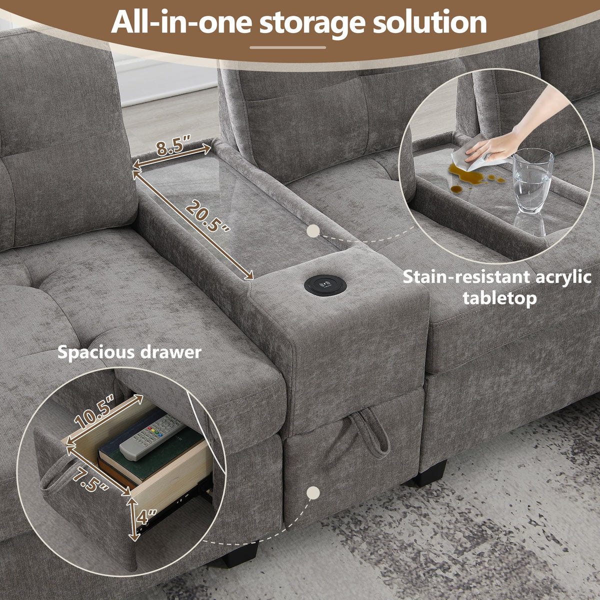 104'' Sectional Sofa with Acrylic Table Top,Chenille U Shaped Couch Set with 2 Consoles,USB Charger,Storage Drawers and Pockets,Movable Ottoman,Tufted Sofa for Living Room,Apartment, Gray
