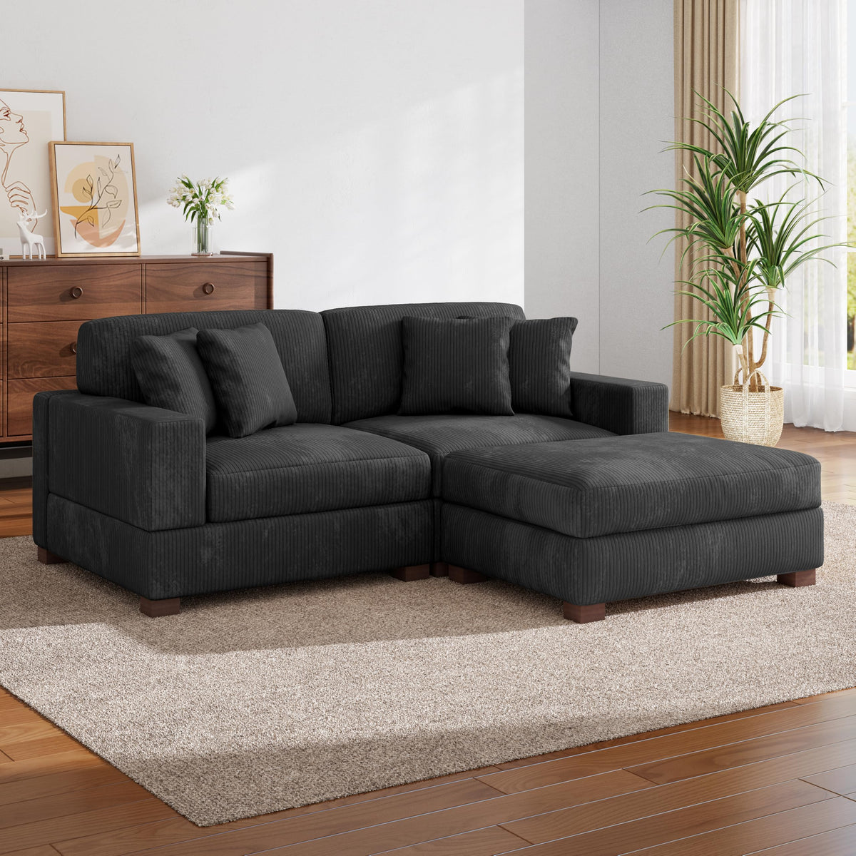 118.3" L-Shaped Modular Sectional Sofa with Chaise, Comfy Corduroy Fluffy Couch with Deep Seat, Flexible Module Combination for Living Room, Cotton Flannel Light Brown