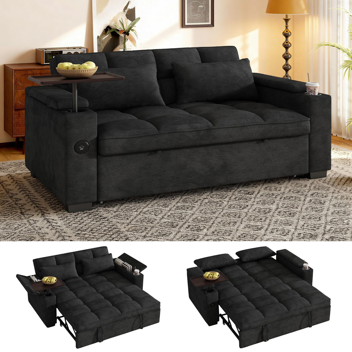 108”Pull Out Sofa Bed, U Shaped Sleeper Sofa for Living Room, Black