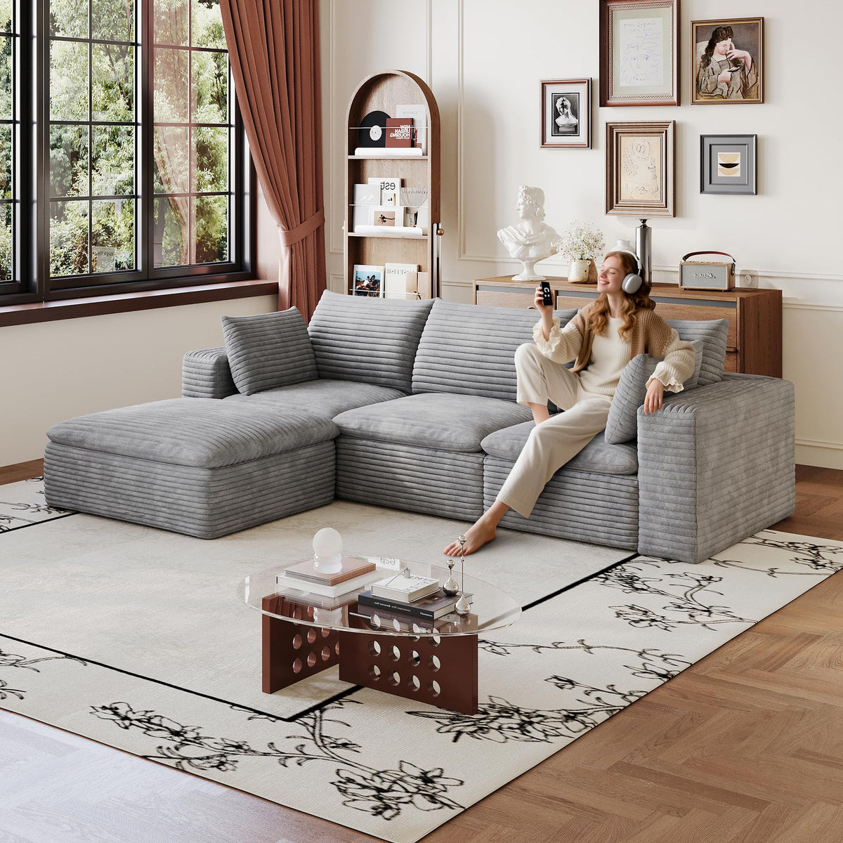 102" Oversized Boneless Modular Sectional Sofa Cloud Couch with 3 Ottomans Convertible Sleeper Sofa Bed for Living Room - No Assembly Floor Compression Sofa with Memory Foam and Deep Seat