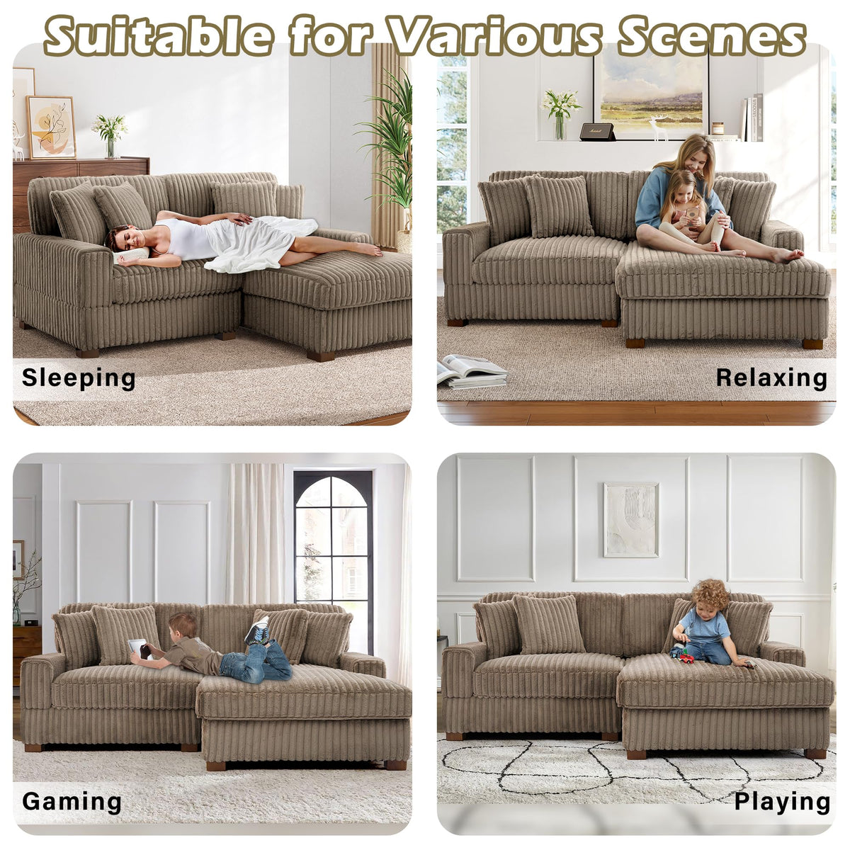 118.3" L-Shaped Modular Sectional Sofa with Chaise, Comfy Corduroy Fluffy Couch with Deep Seat, Flexible Module Combination for Living Room, Cotton Flannel Light Brown