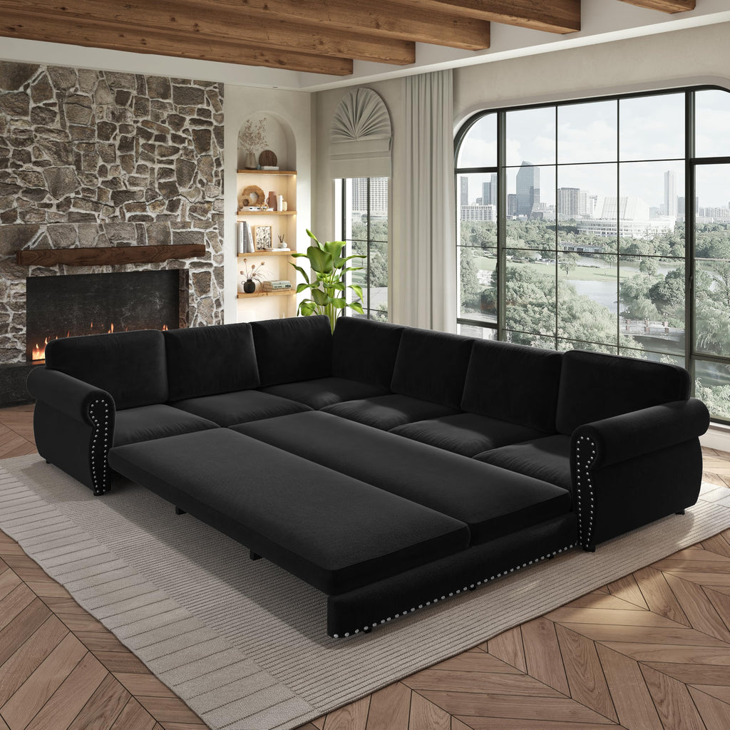 118" L-Shaped Sofa Couch with Pull-Out Bed,Oversize Convertible Sleeper Sofa with Nailhead Trim & Rolled Arm,Chenille Upholstered Sectional Couches, for Living Room, Black