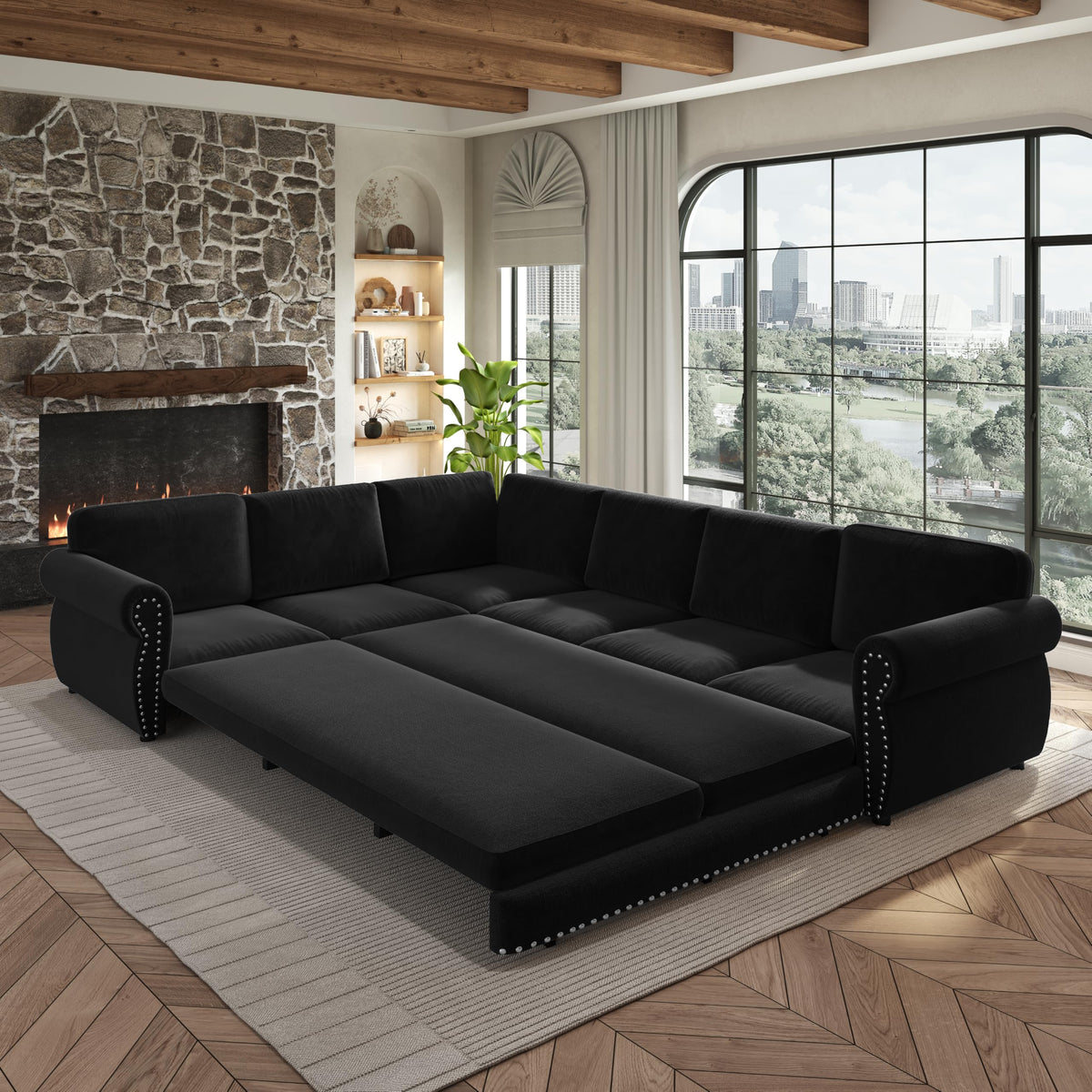 118" L-Shaped Sofa Couch with Pull-Out Bed,Oversize Convertible Sleeper Sofa with Nailhead Trim & Rolled Arm,Chenille Upholstered Sectional Couches, for Living Room, Black