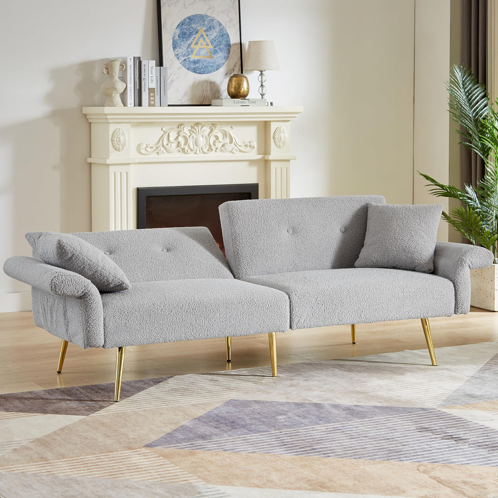 Upholstered Accent Loveseat Sofa with Side Pocket,Folding Sleeper Sofa Bed with Foldable Armrest, Adjustable Backrest and Golden Metal Legs for Living Room,Grey