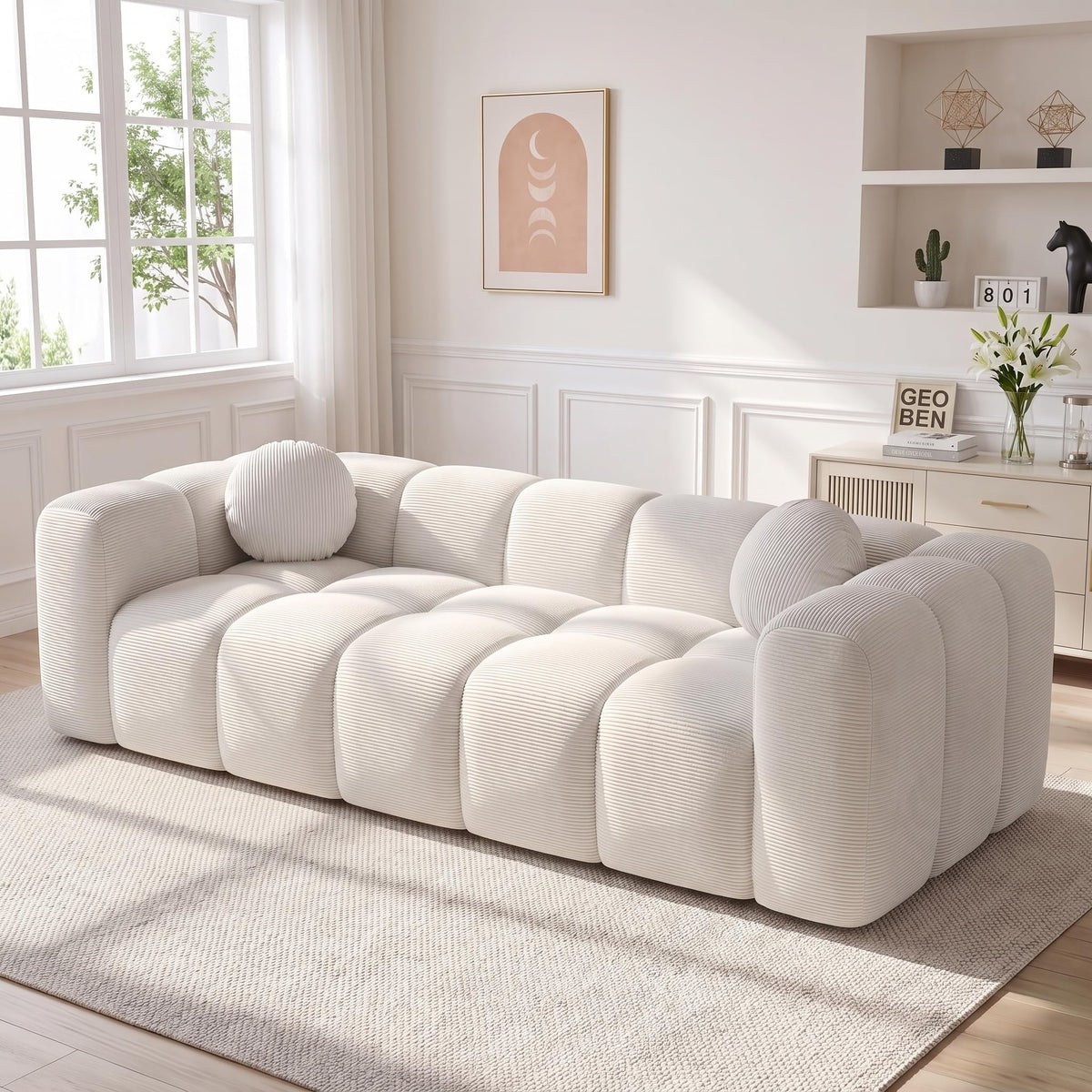 114" Curved Oversized Sectional Sofa,Modern Sherpa 4-Seater Extra Deep & Wide Seat Cloud Couch with 4 Throw Pillows,couches for Living Room&Apartment,No Assembly Required,White